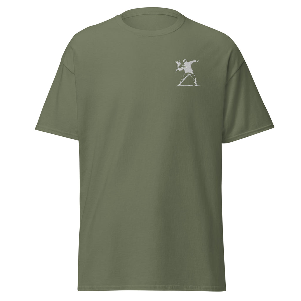 Embroidered White Flower Thrower T shirt - Military Green
