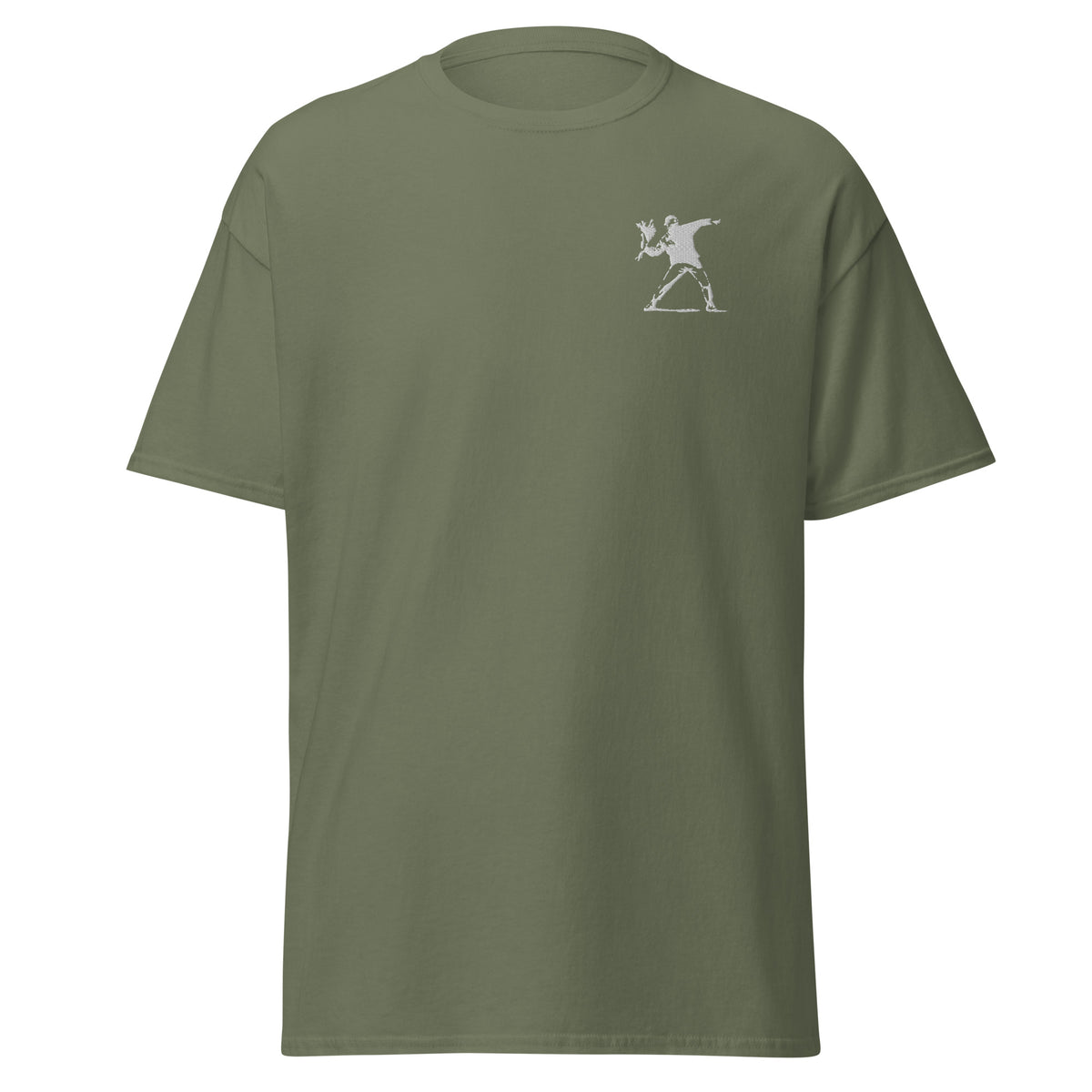 Embroidered White Flower Thrower T shirt - Military Green