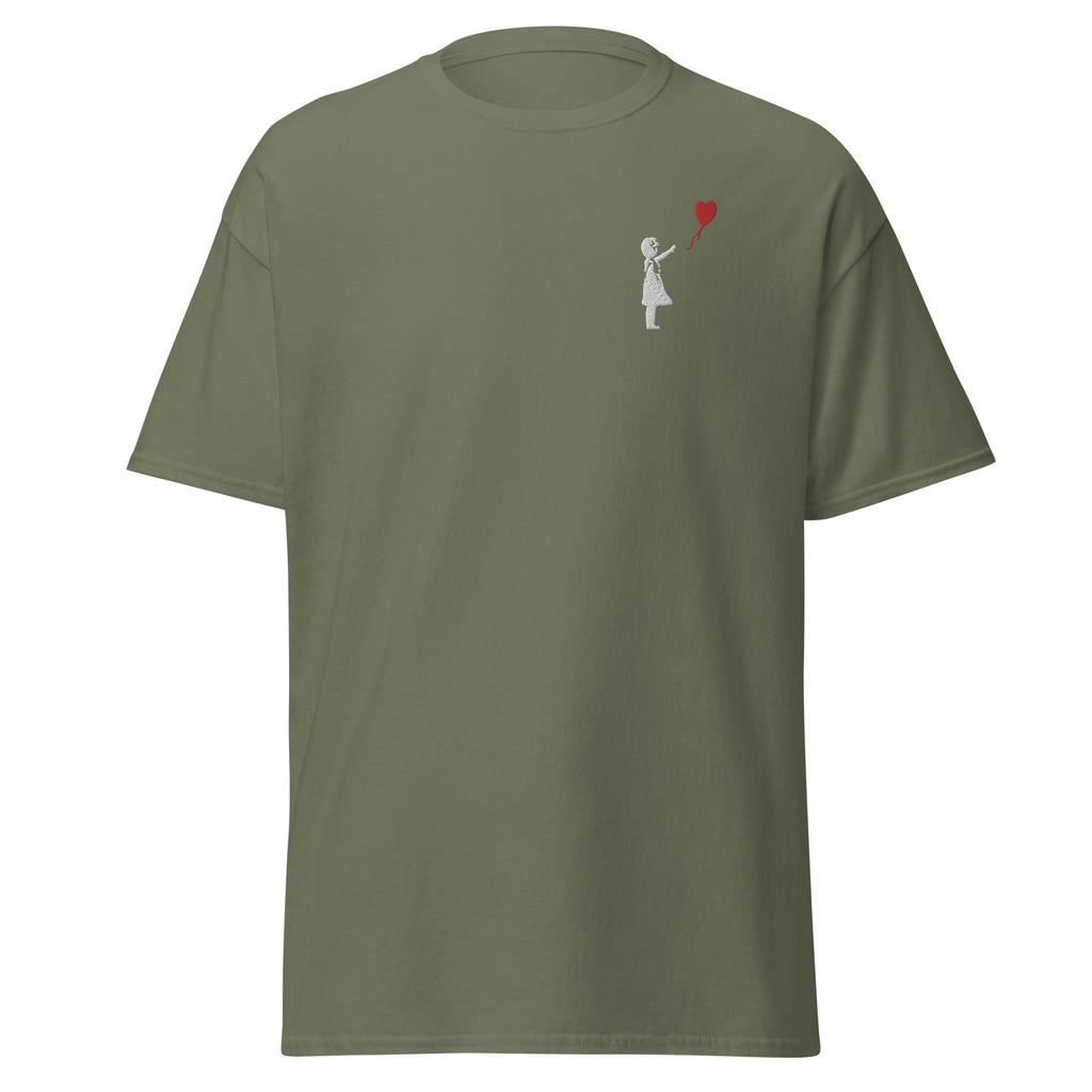 Embroidered White Balloon girl T shirt - Military Green