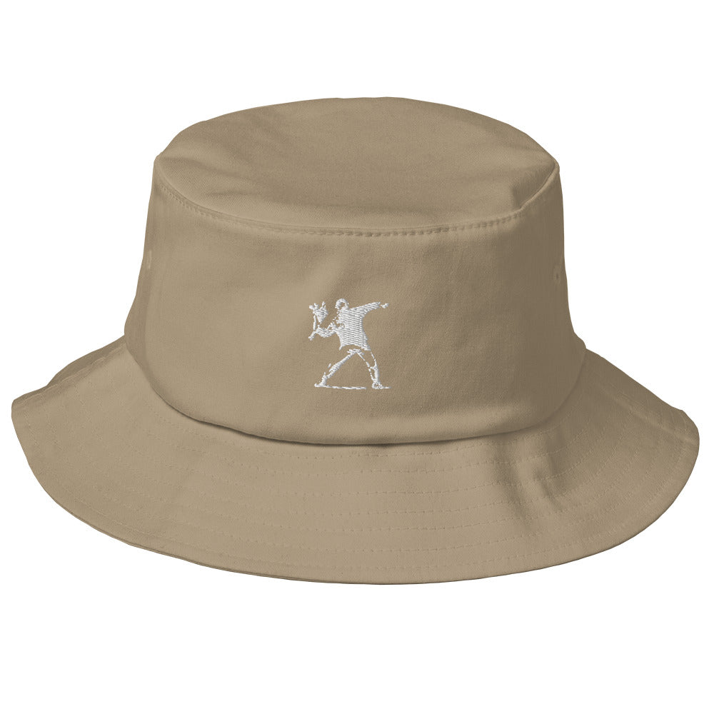 Embroidered White Flower Thrower Bucket Hat - Khaki