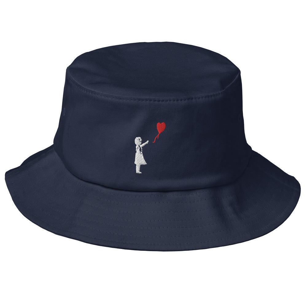 Embroidered White Balloon girl Bucket Hat - Navy