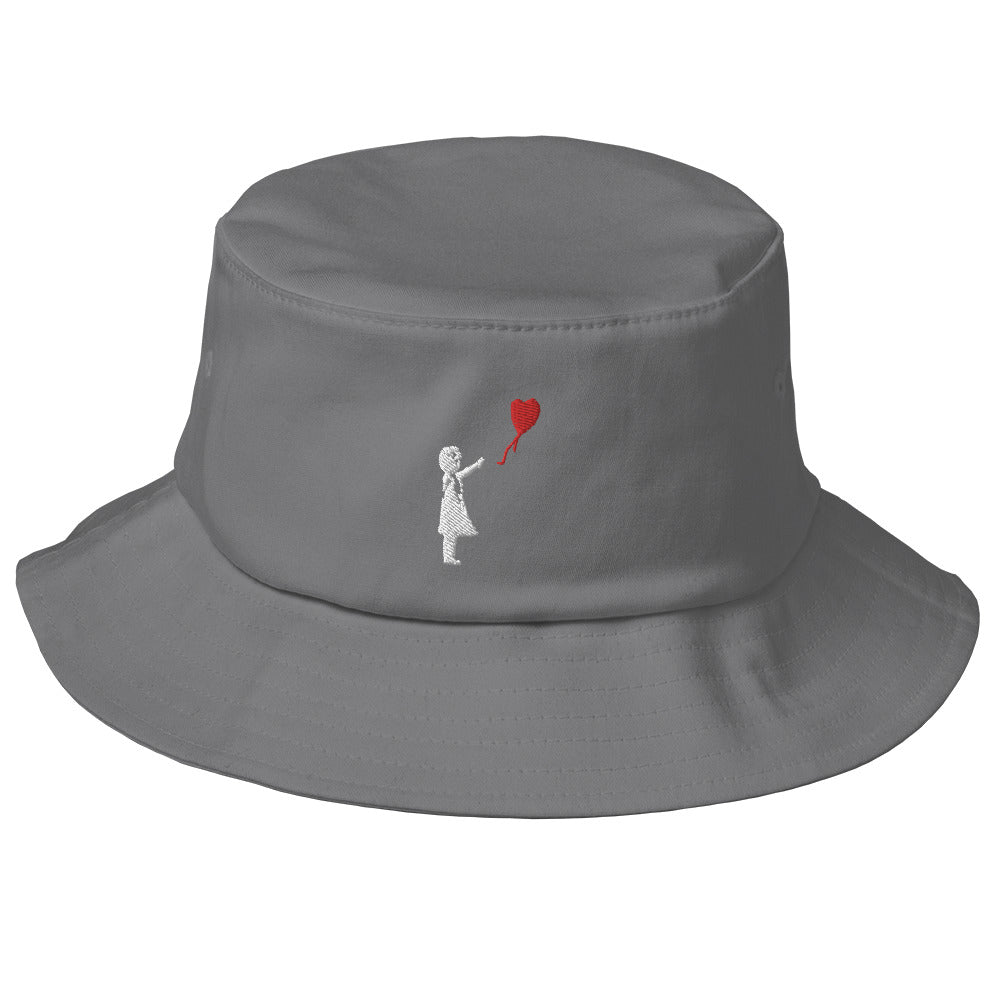 Embroidered White Balloon girl Bucket Hat - Grey