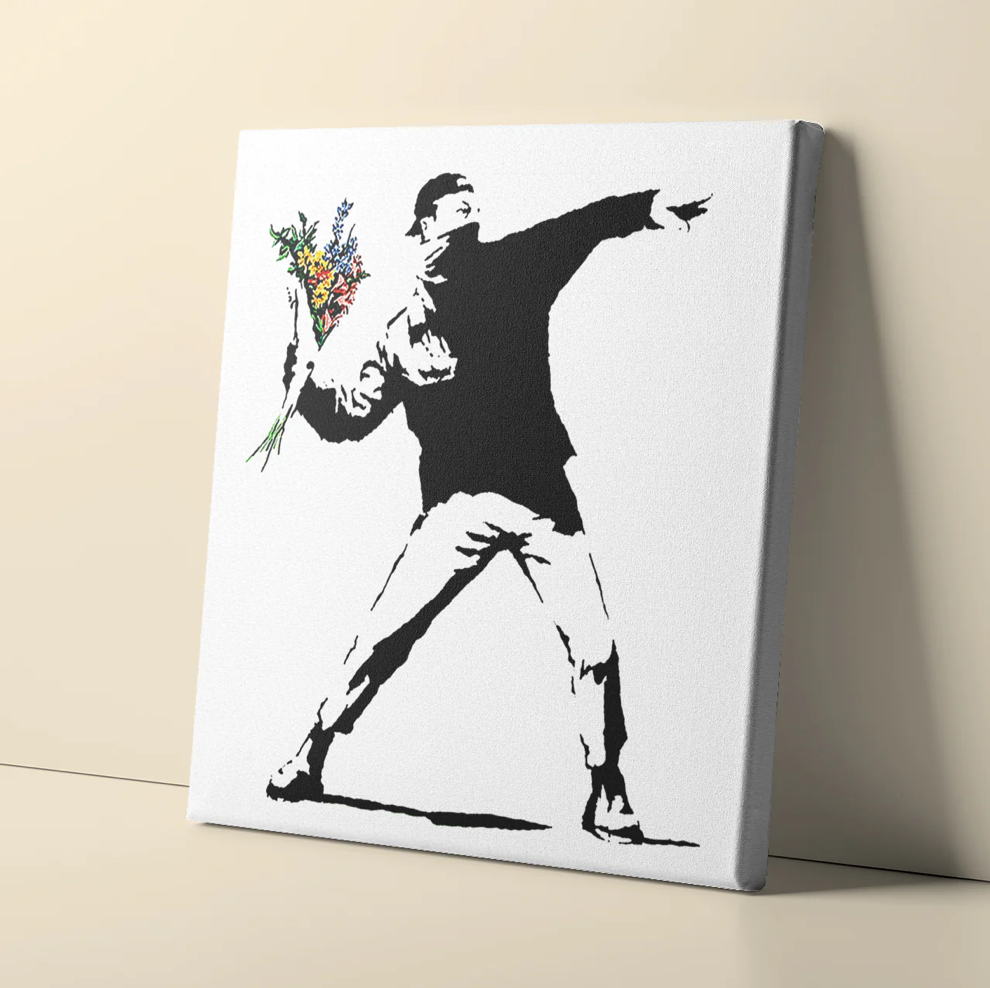 Banksy Canvas Prints Square - Flower Thrower - White