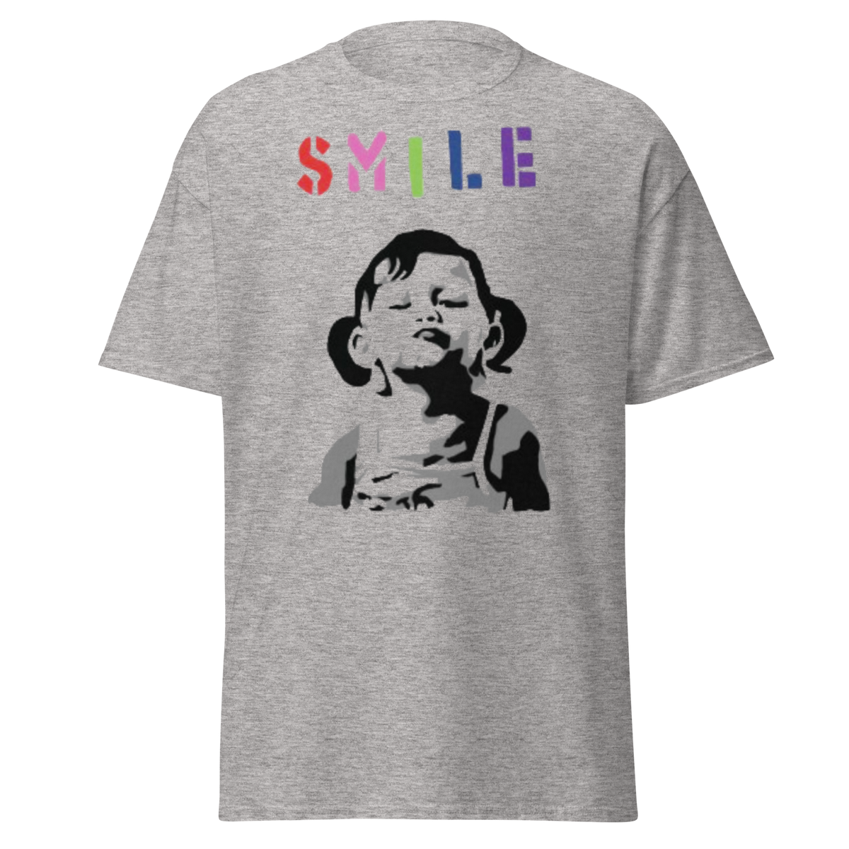 Banksy Smile Girl T Shirt - Sport Grey