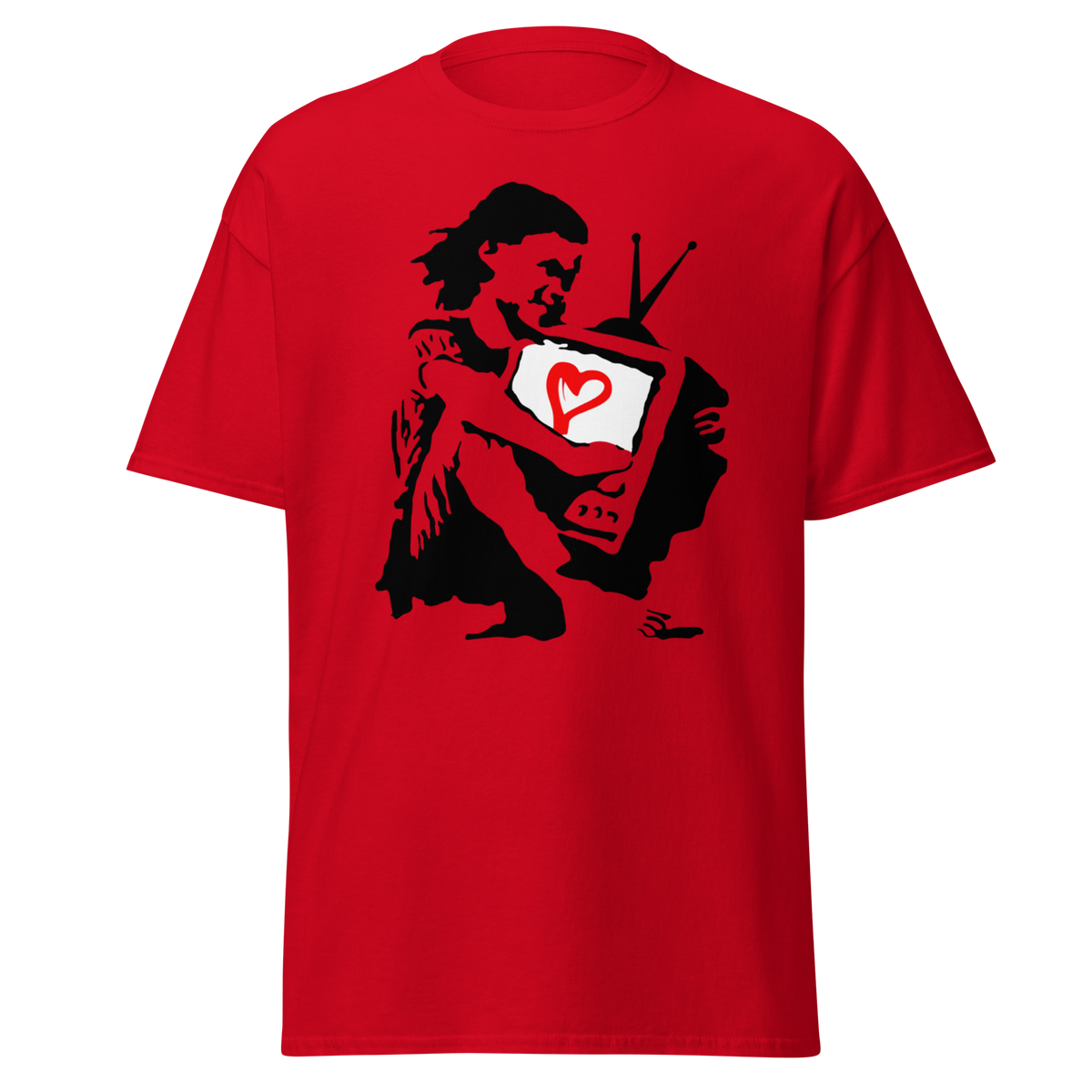 Banksy T Shirt Girl Hugging TV - Red