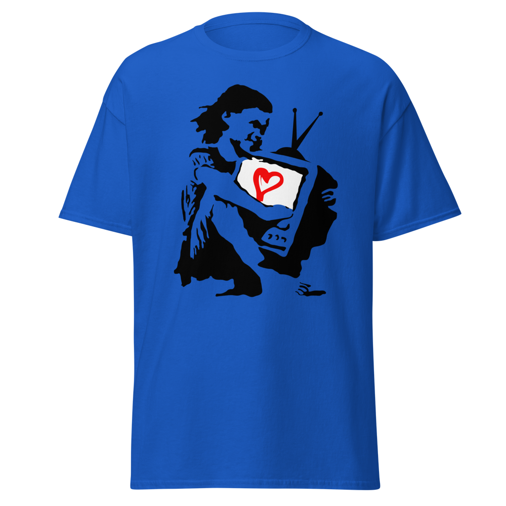 Banksy T Shirt Girl Hugging TV - Royal Blue