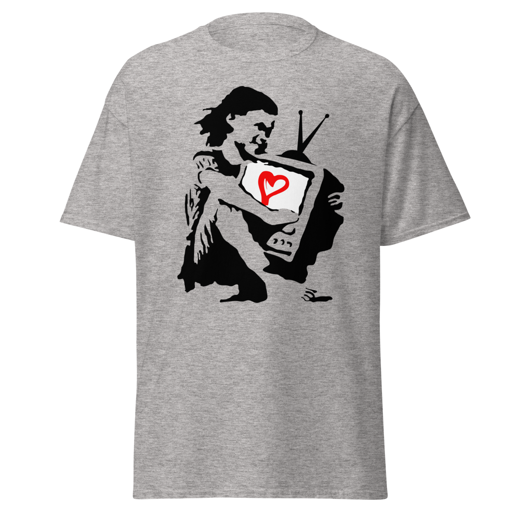 Banksy T Shirt Girl Hugging TV - Sport Grey