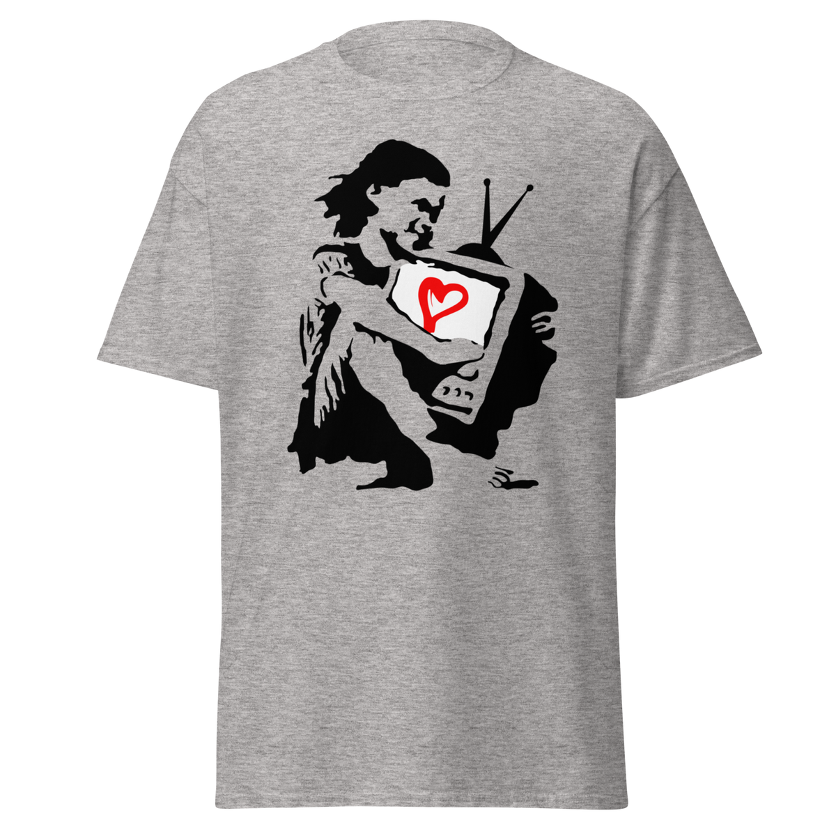 Banksy T Shirt Girl Hugging TV - Sport Grey
