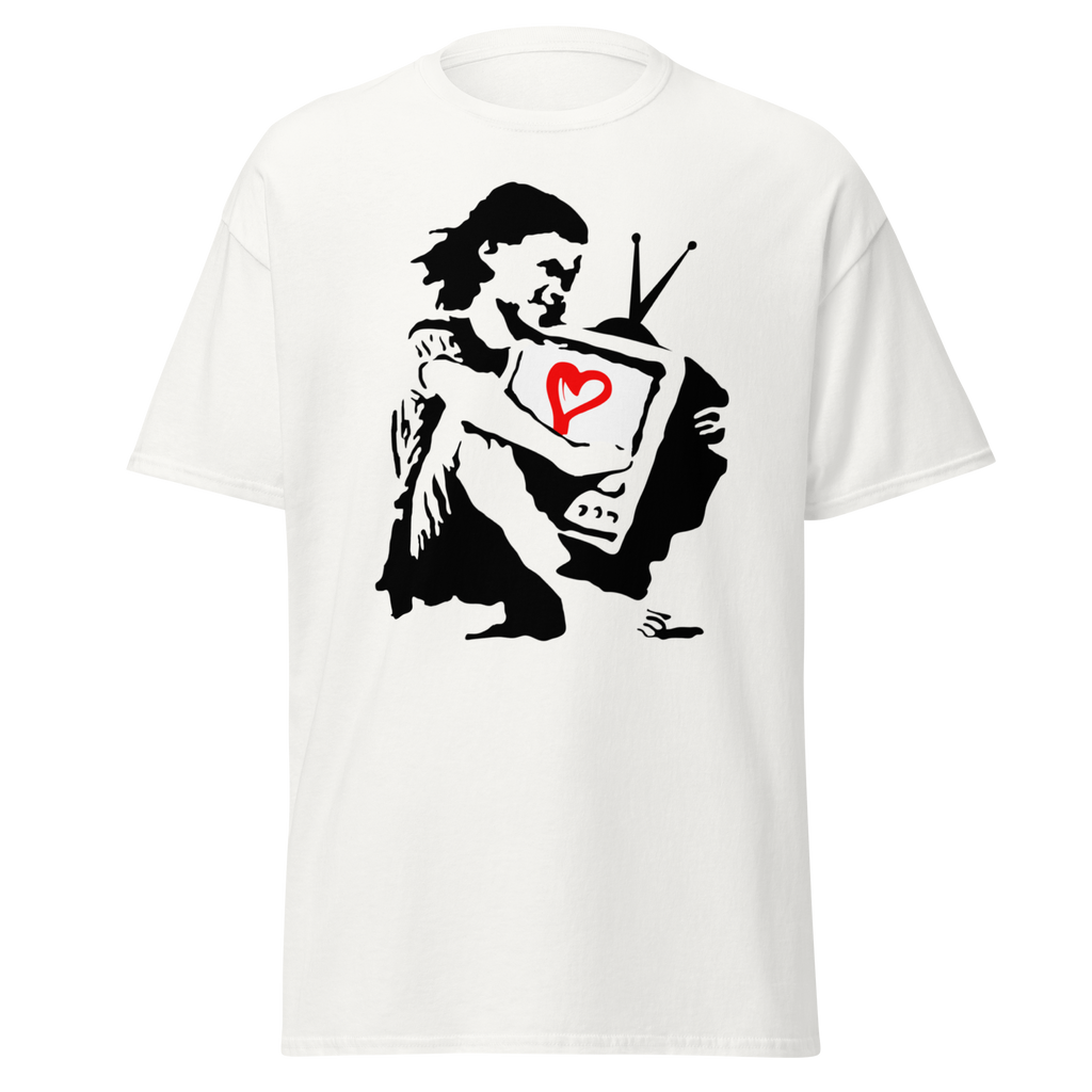 Banksy T Shirt Girl Hugging TV - White