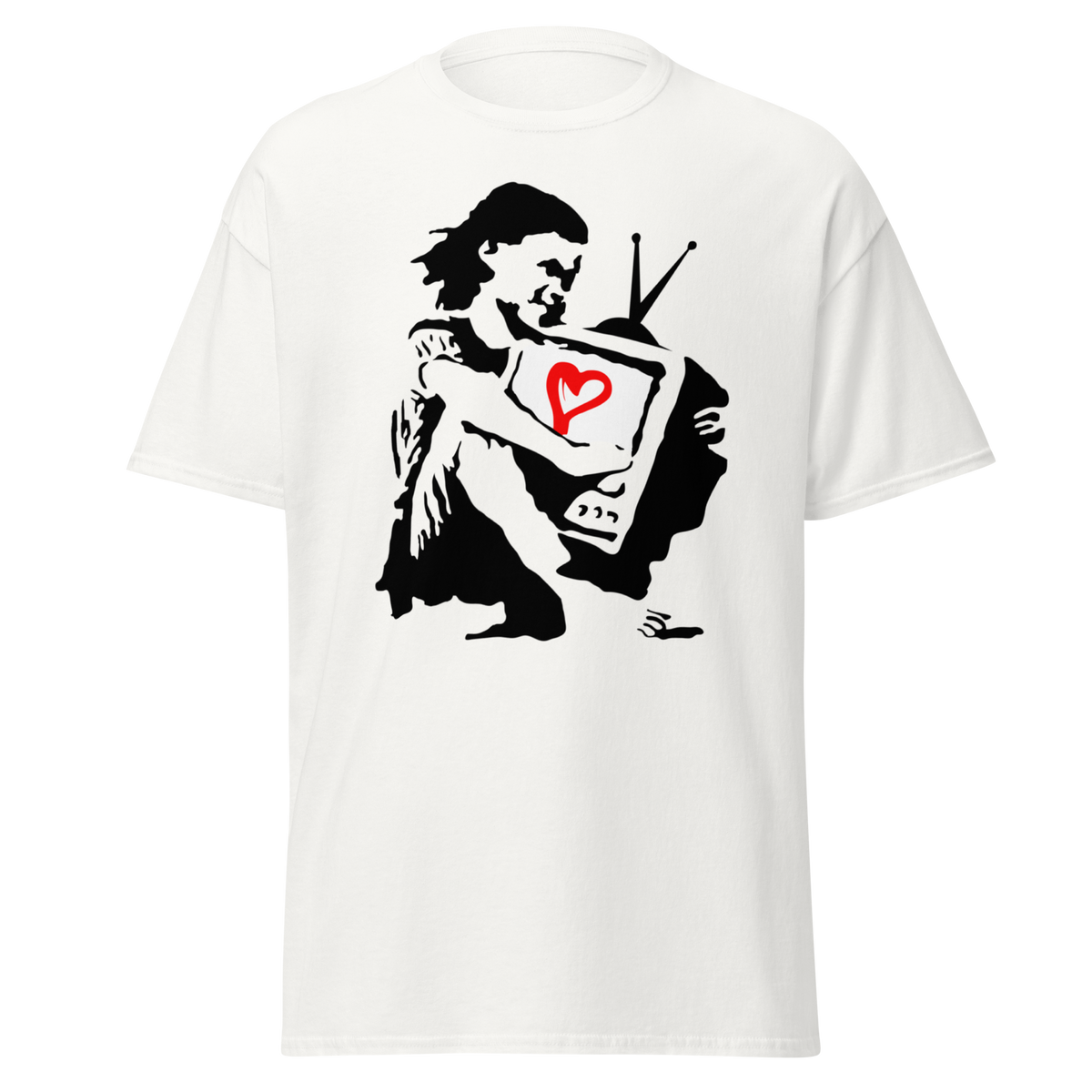 Banksy T Shirt Girl Hugging TV - White