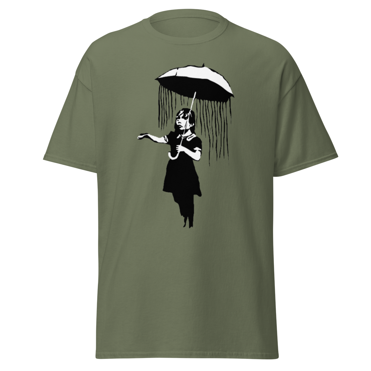 Banksy Umbrella Girl T Shirt - Military Green
