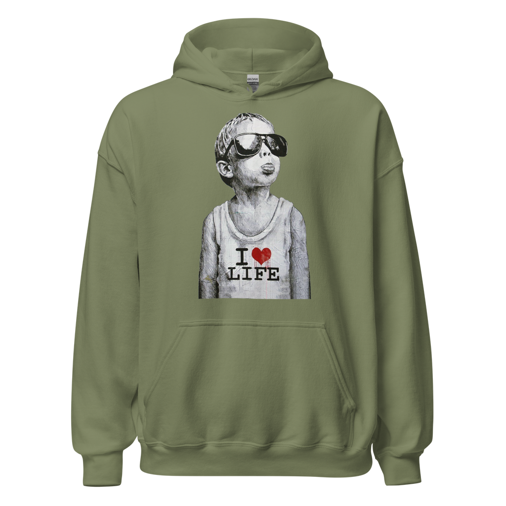 I Love Life Boy Hoodie - Military Green