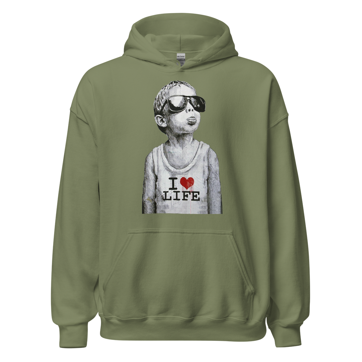 I Love Life Boy Hoodie - Military Green