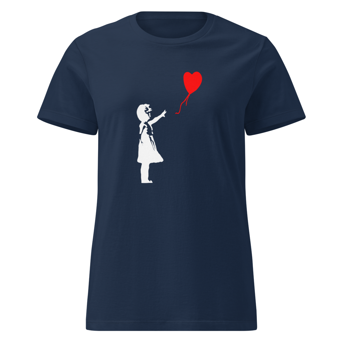 Ladies White Balloon Girl T - Shirt - Navy Blue