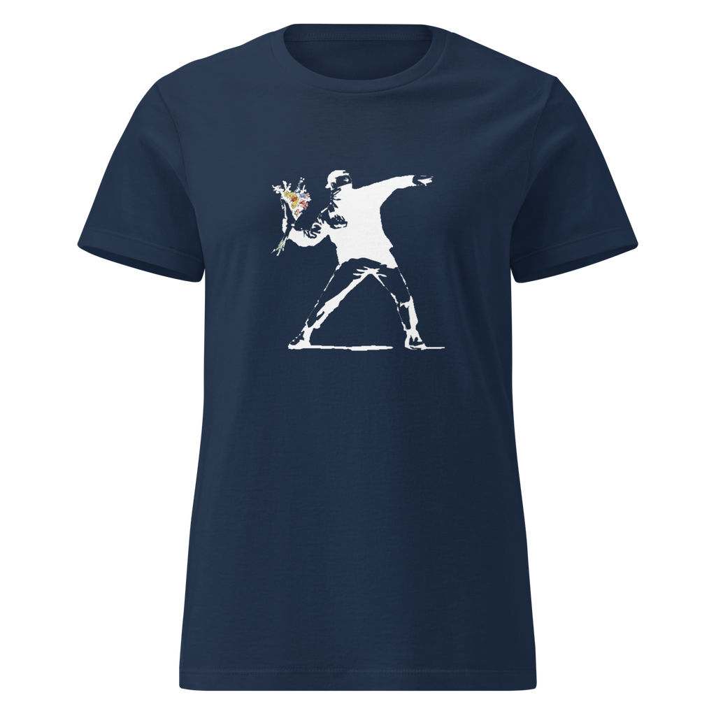 Ladies White Flower Thrower T - Shirt - Navy Blue