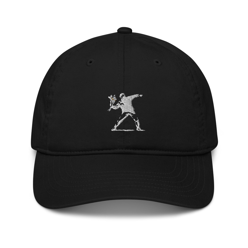 Embroidered White Flower Thrower Baseball Cap — Black