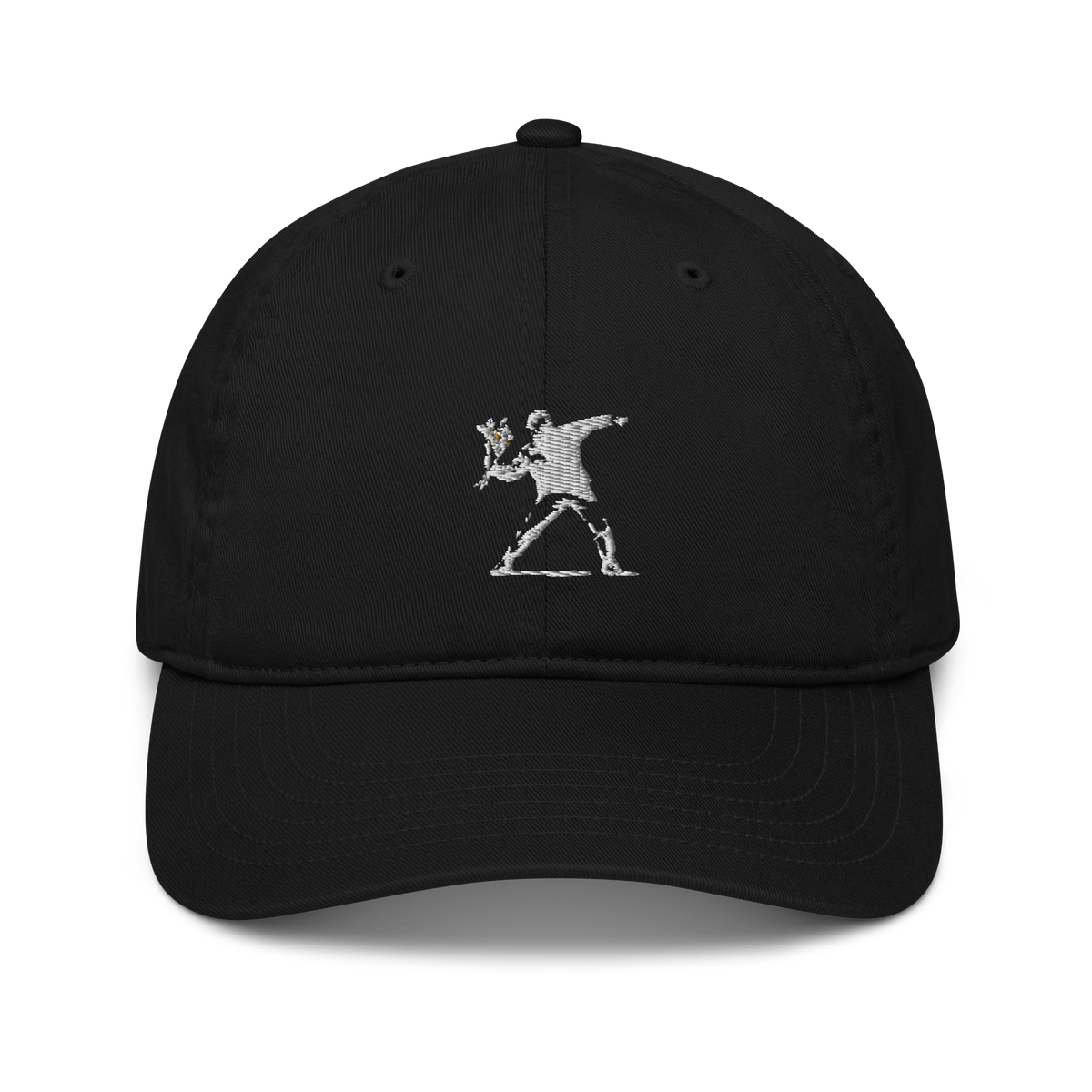 Embroidered White Flower Thrower Baseball Cap — Black